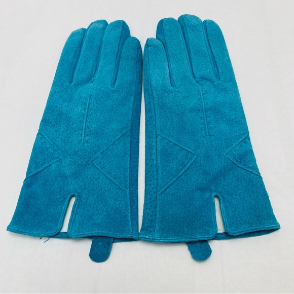 Women's VTG Turquoise Genuine Leather Suede Hand Stitched Lined Gloves, Size 7.5 - Picture 2 of 3